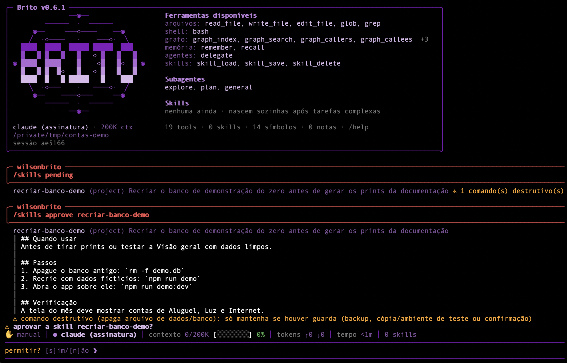 Reviewing a pending skill, with a destructive-command warning