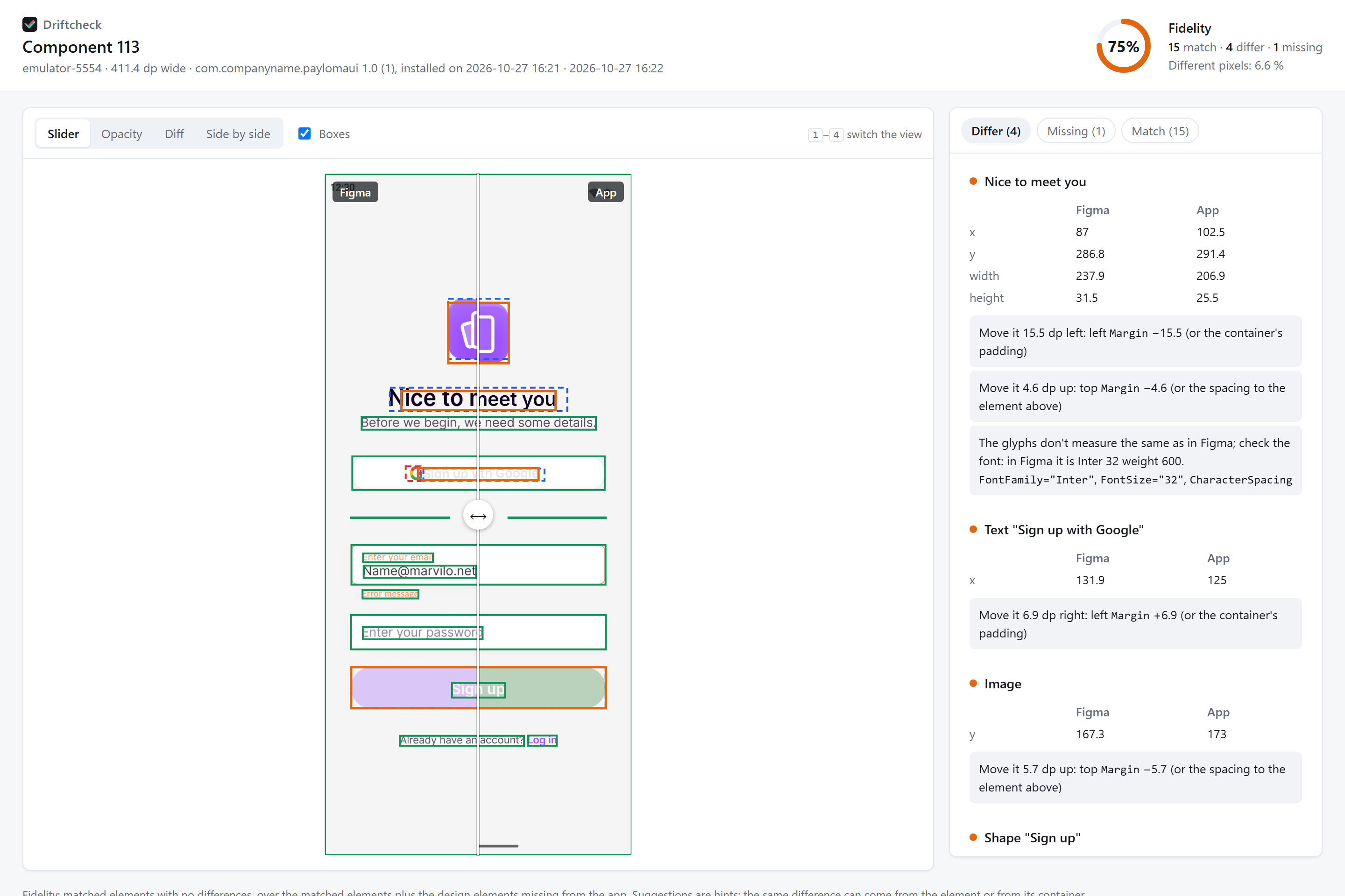 Driftcheck report: the Figma design and the app under a slider, a 75 % fidelity score and the list of differences