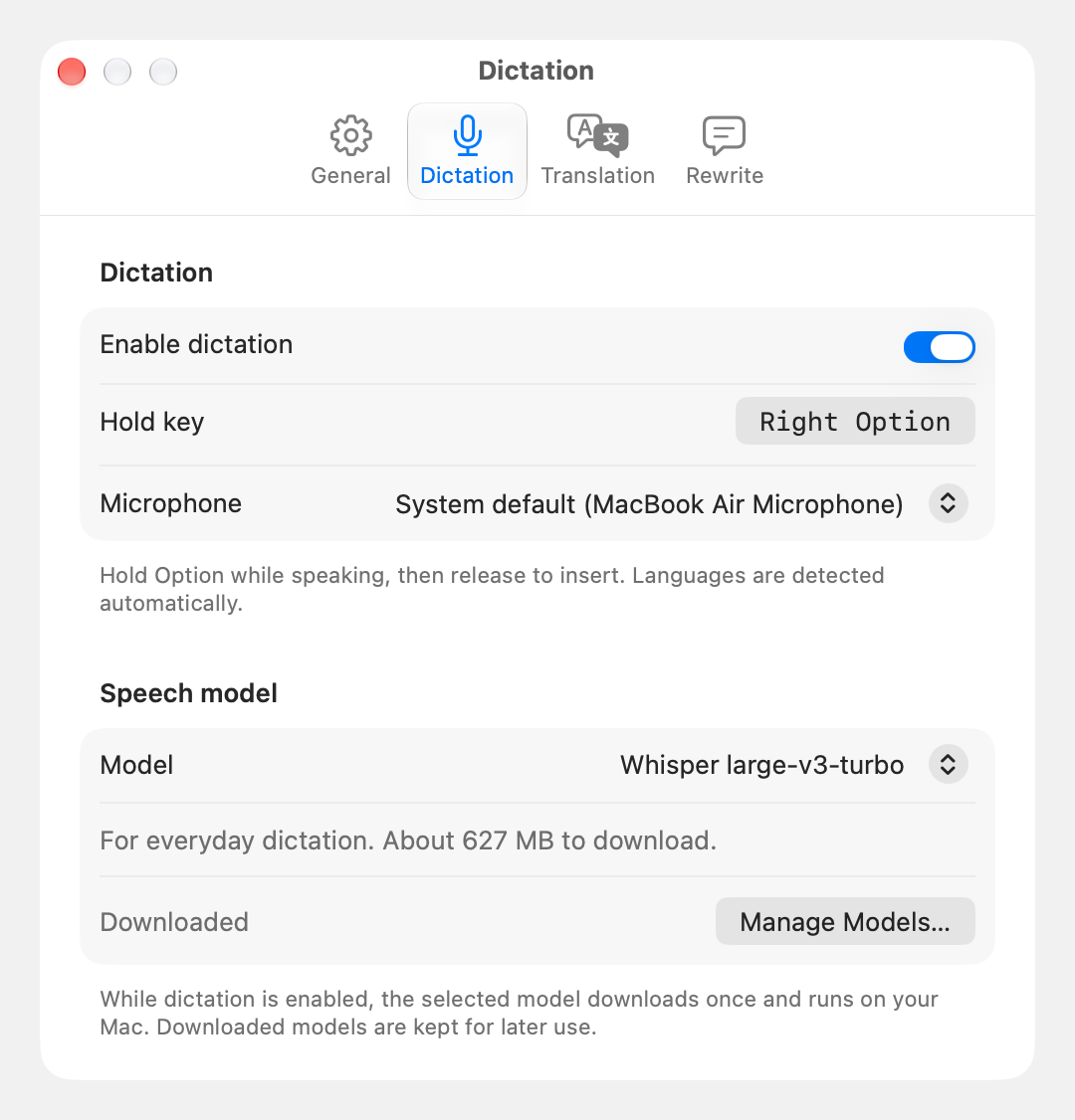 Local dictation enabled with the Right Option hold key and the Whisper speech model