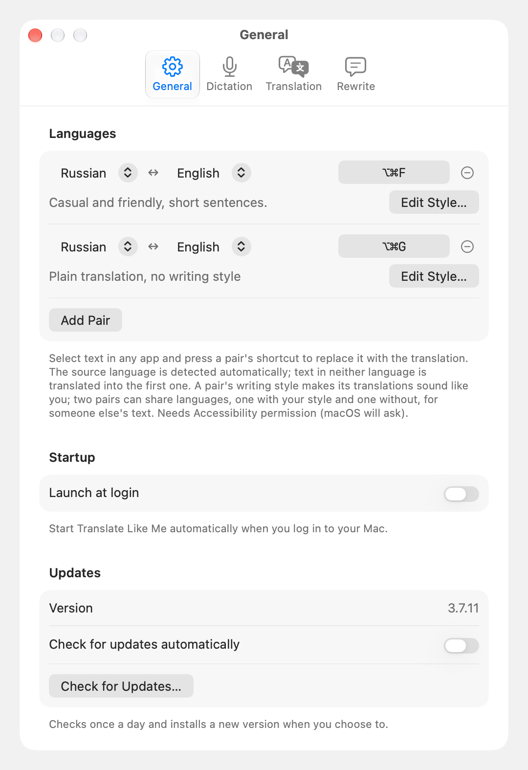 Two Russian-English language pairs, one with a casual writing style and one for plain translation