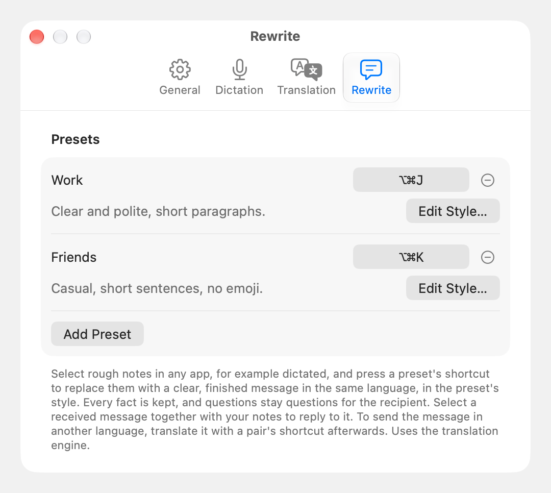 Work and Friends Rewrite presets with short style descriptions and separate shortcuts