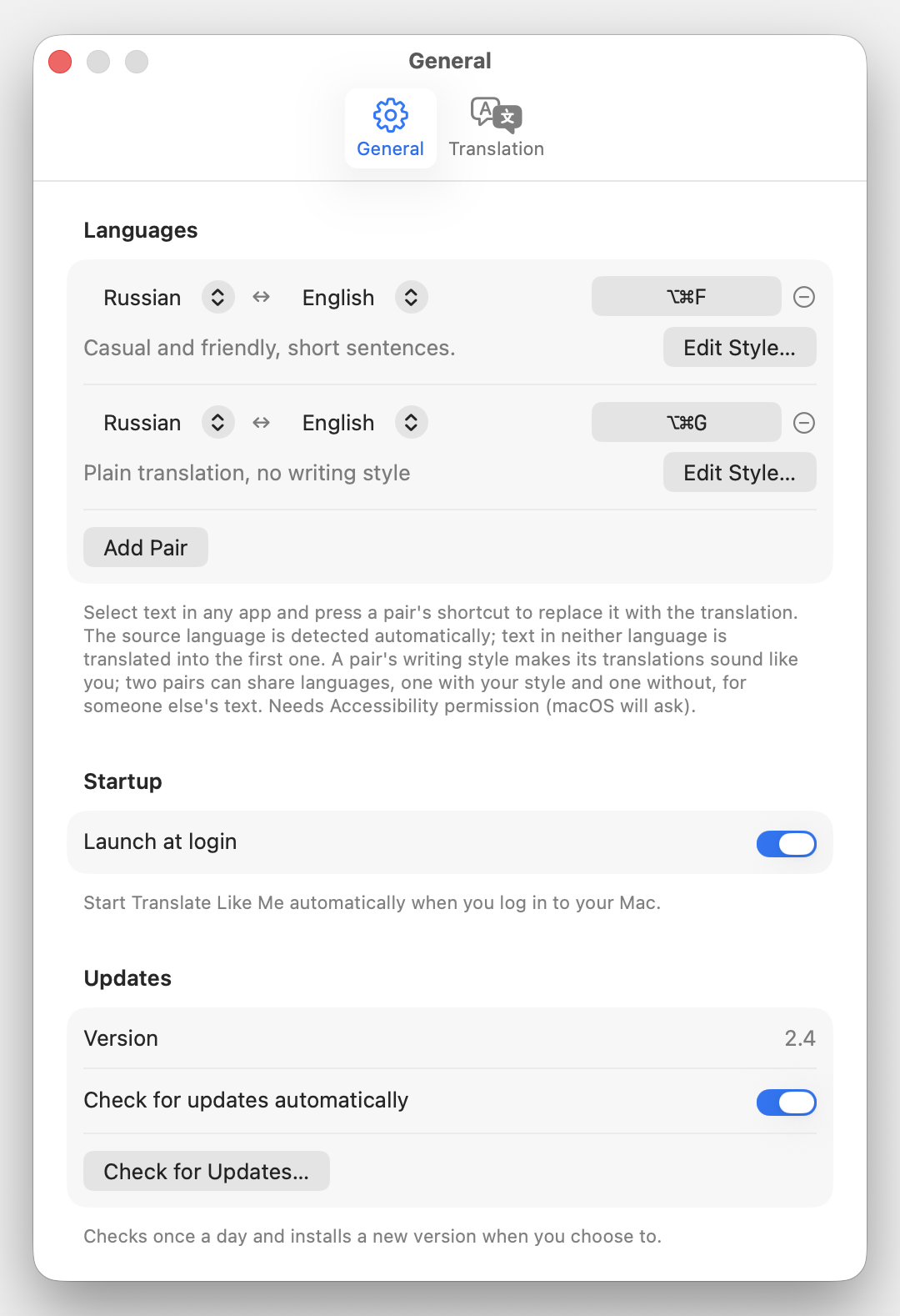 Translate Like Me - Settings, General pane with language pairs