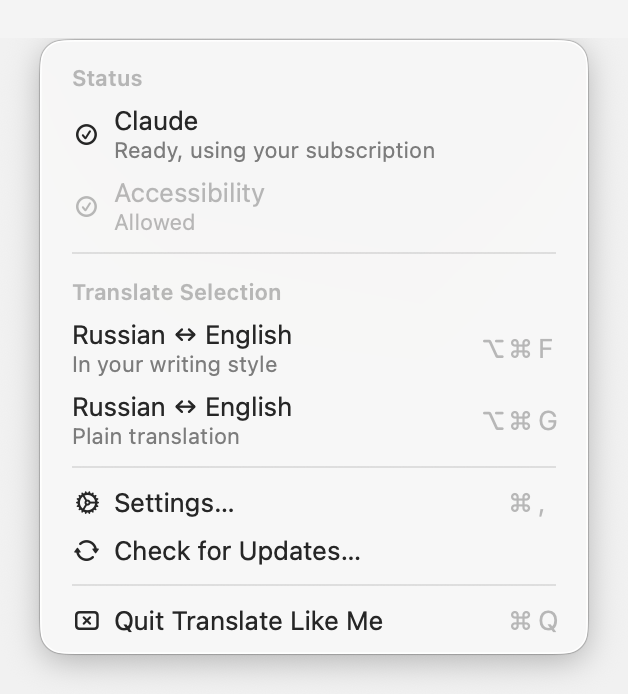 Translate Like Me - Menu bar menu