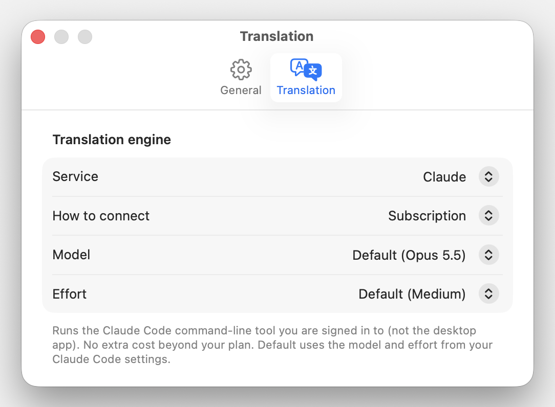 Translate Like Me - Settings, Translation pane
