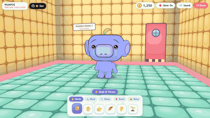 Wumpus gets squashed by a mallet, stabbed, sliced, dissolved in acid, opened up with a saw, and still gives a teary thumbs-up.