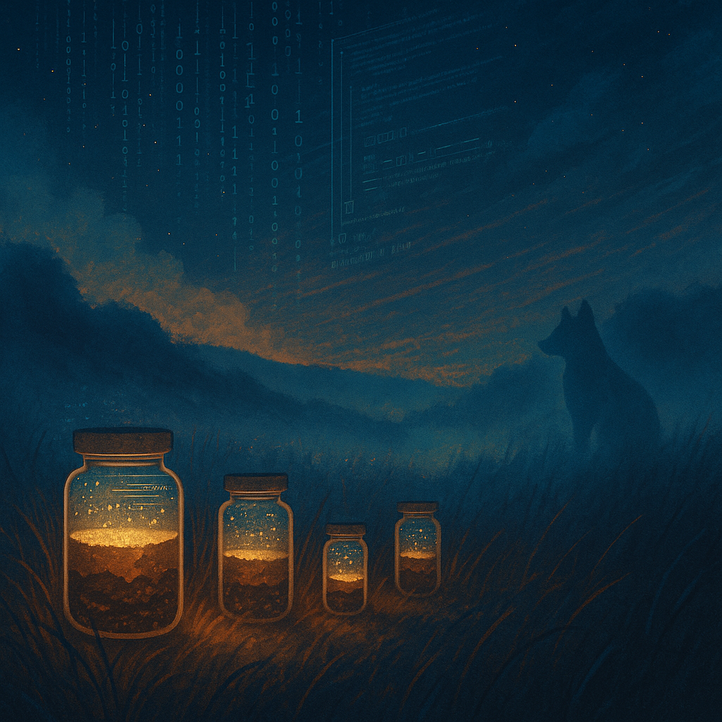 A wolf figure enclosed in a glass jar under a forest night sky, illuminated by small firefly lights.