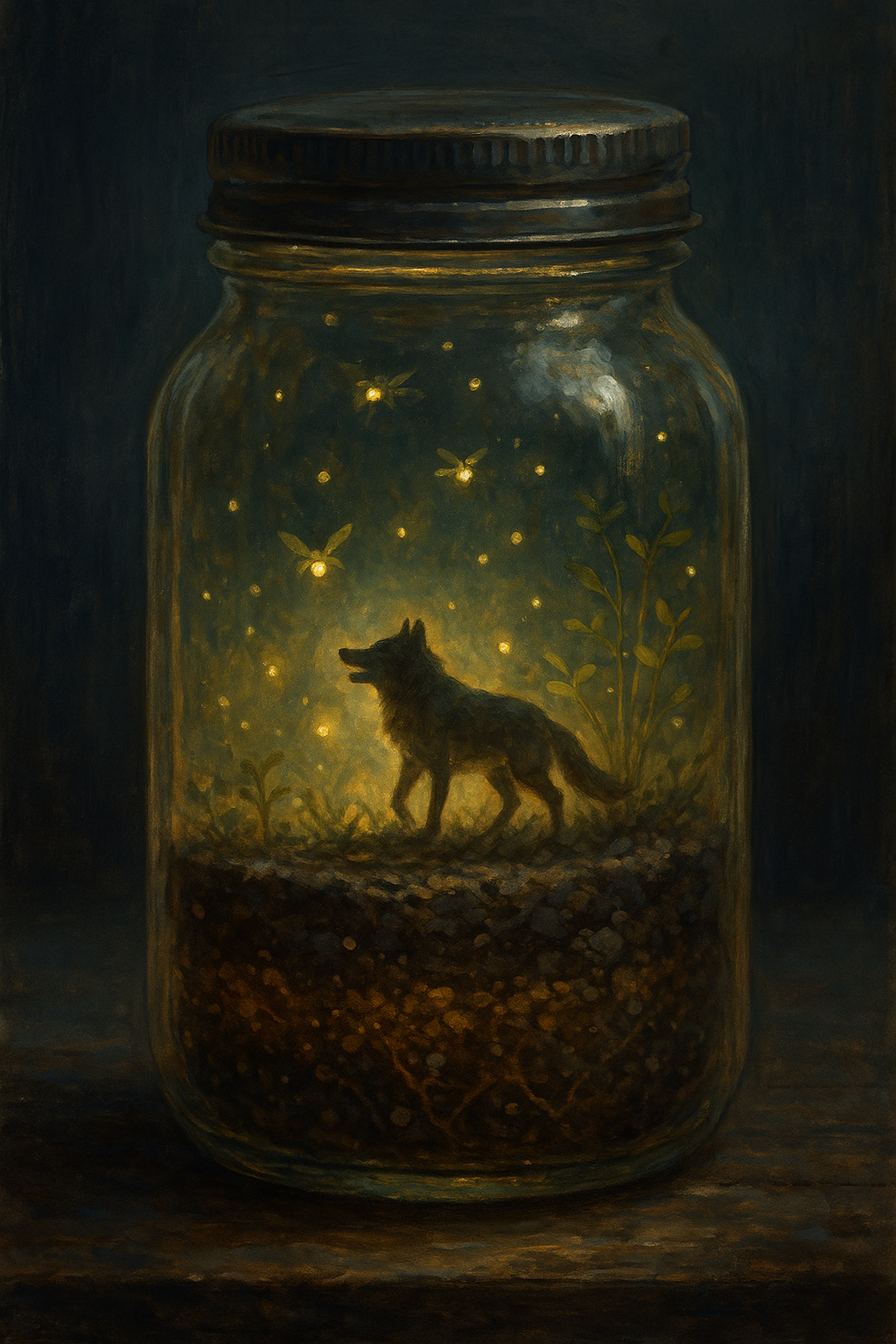 Multiple glowing jars of soil lined in a meadow with code faintly visible in the mist, a distant wolf watching.