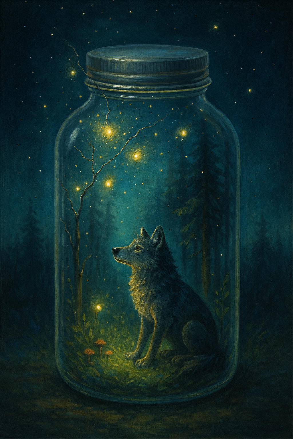 A glowing jar cracked open, golden light and fireflies escaping into the surrounding forest darkness.