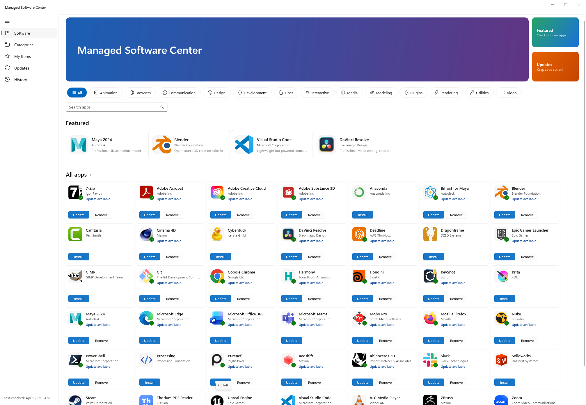 The Software page of Managed Software Center, showing the category filters, the search box, featured apps and the full list of apps with Install, Update and Remove buttons.