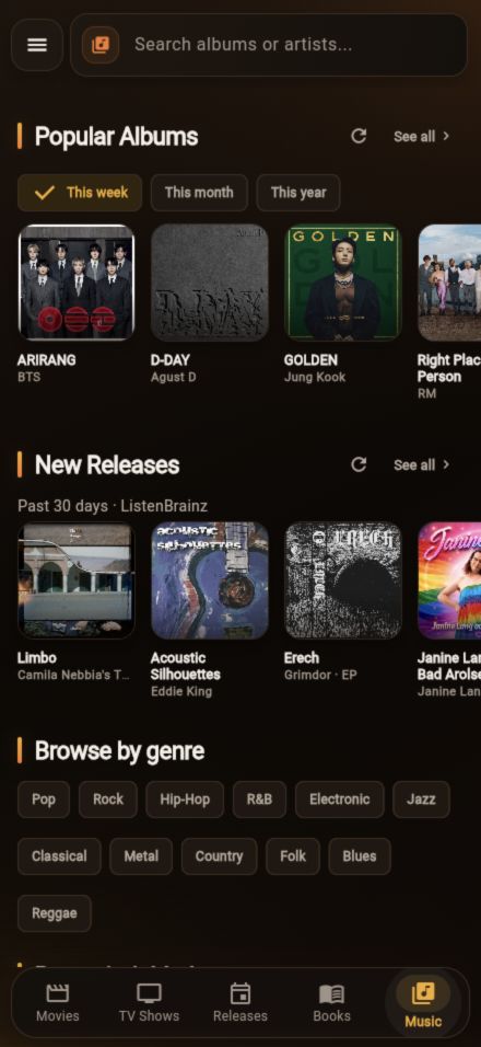 Discover albums and genres with Music enabled in the navigation