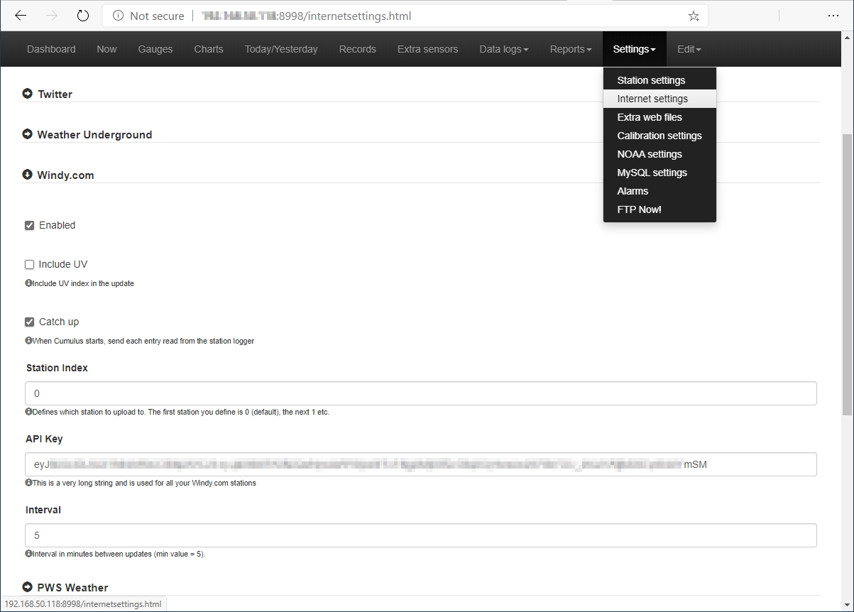 Settings | Internet menu item