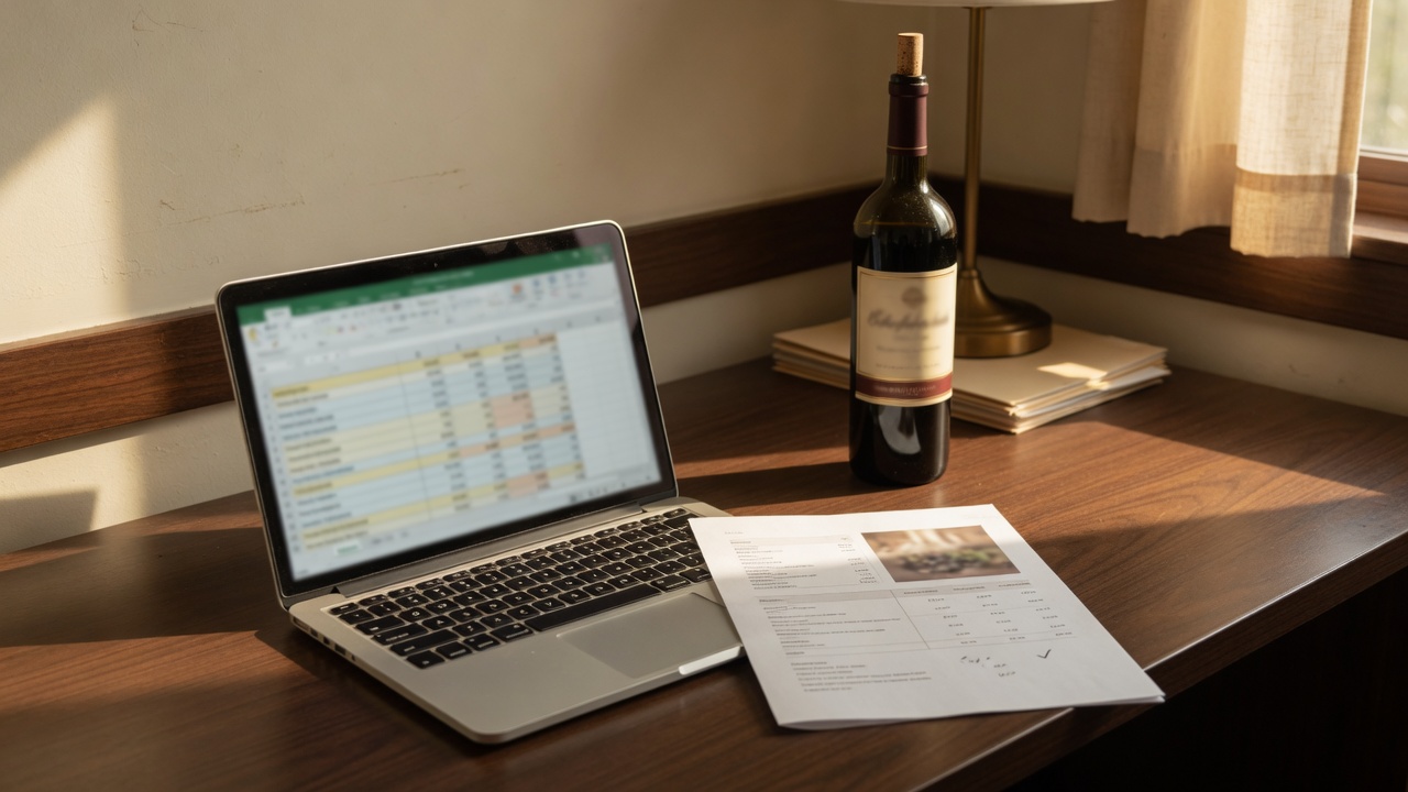 Laptop with a spreadsheet and a printed wine sheet on a desk