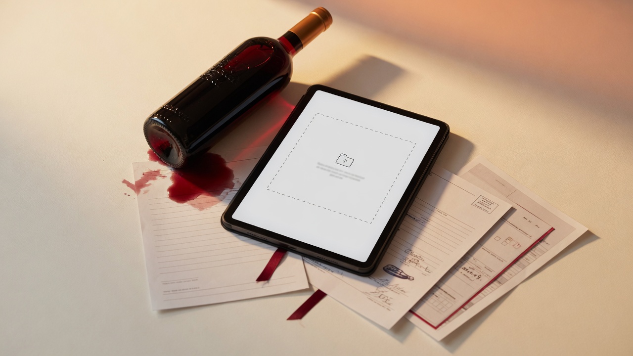 Tablet upload screen with wine documents nearby