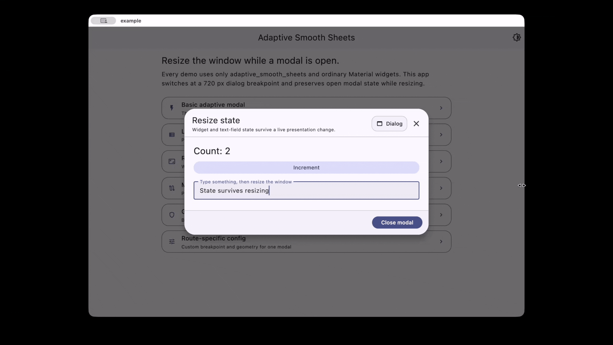 An open modal switches live between dialog and bottom-sheet presentation while preserving its state.