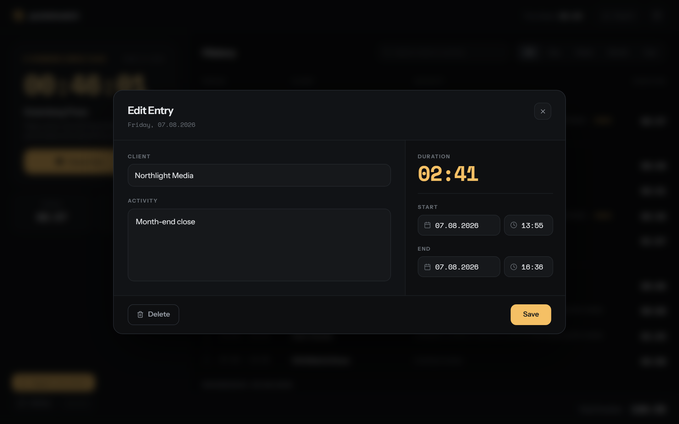 Edit entry dialog with date, time and live duration