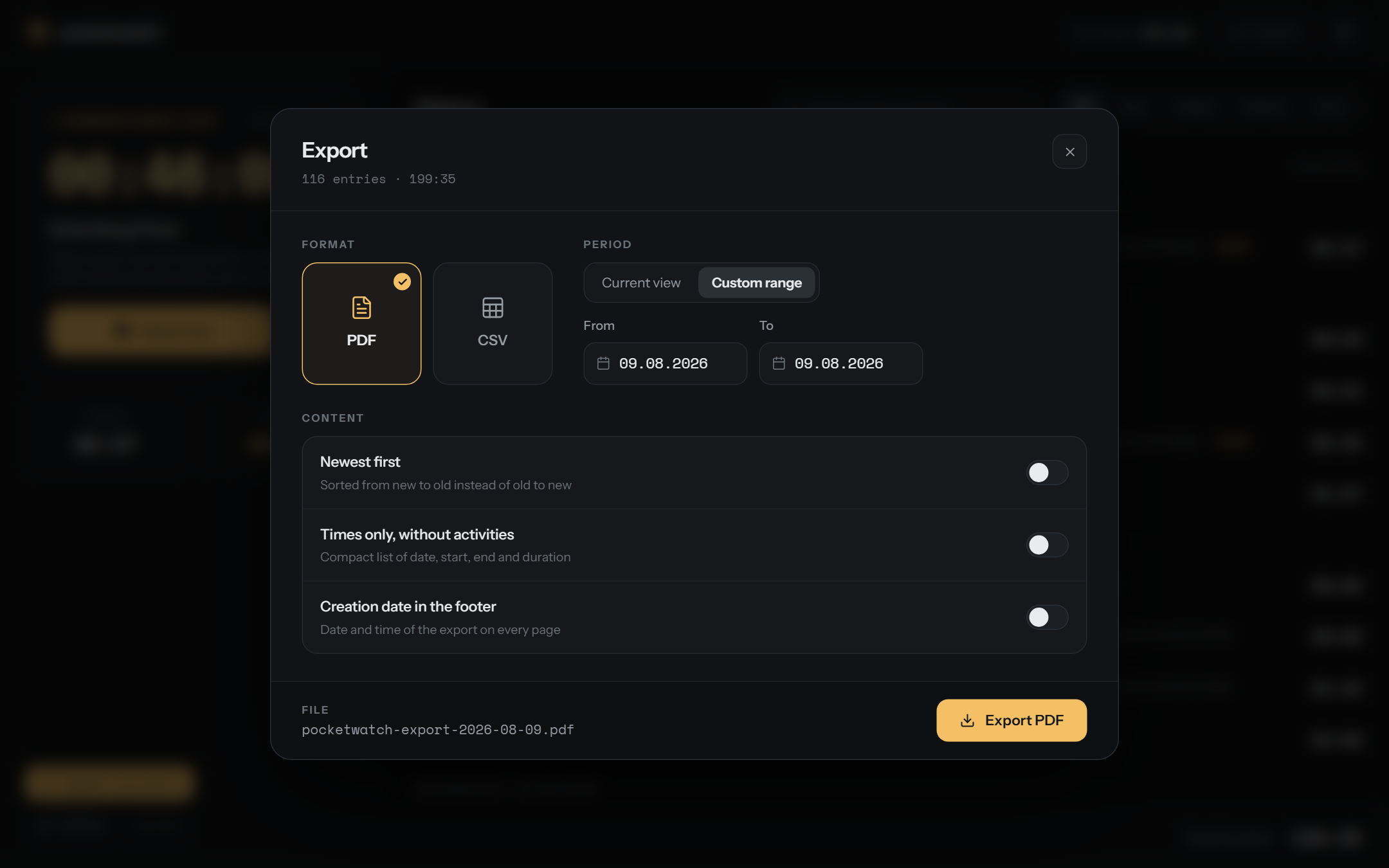 Export dialog with PDF/CSV cards and a custom date range