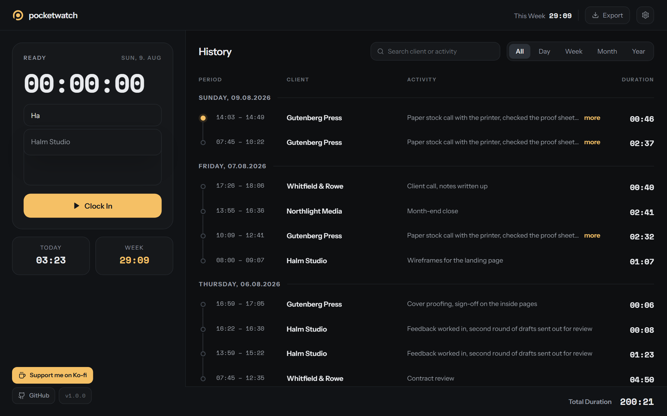 Track view with client autocomplete and the Clock In button