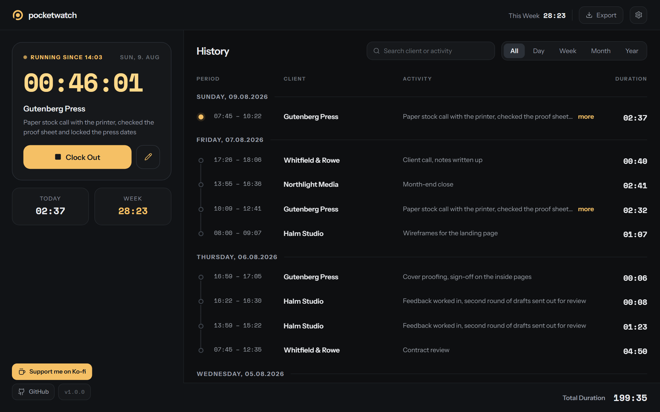 pocketwatch on the desktop: running stopwatch on the left, history grouped by day on the right