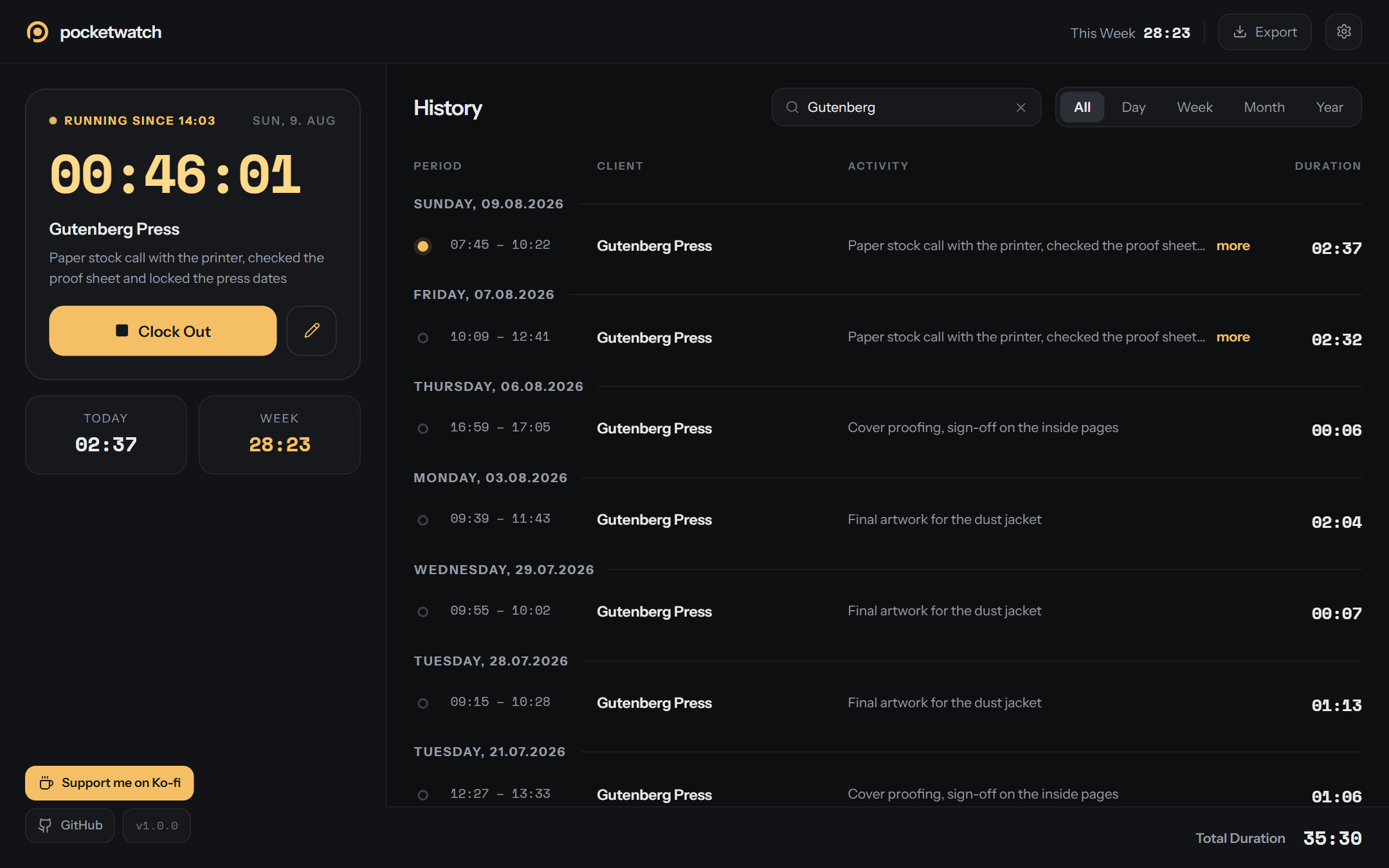 History filtered by a search for Gutenberg