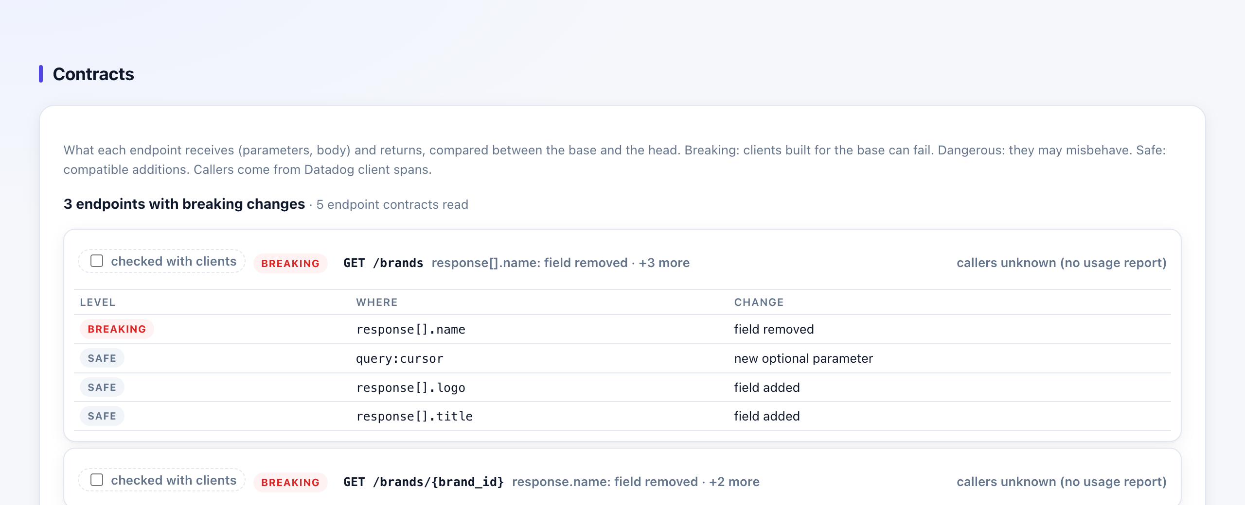 A breaking contract change: GET /brands no longer returns response[].name