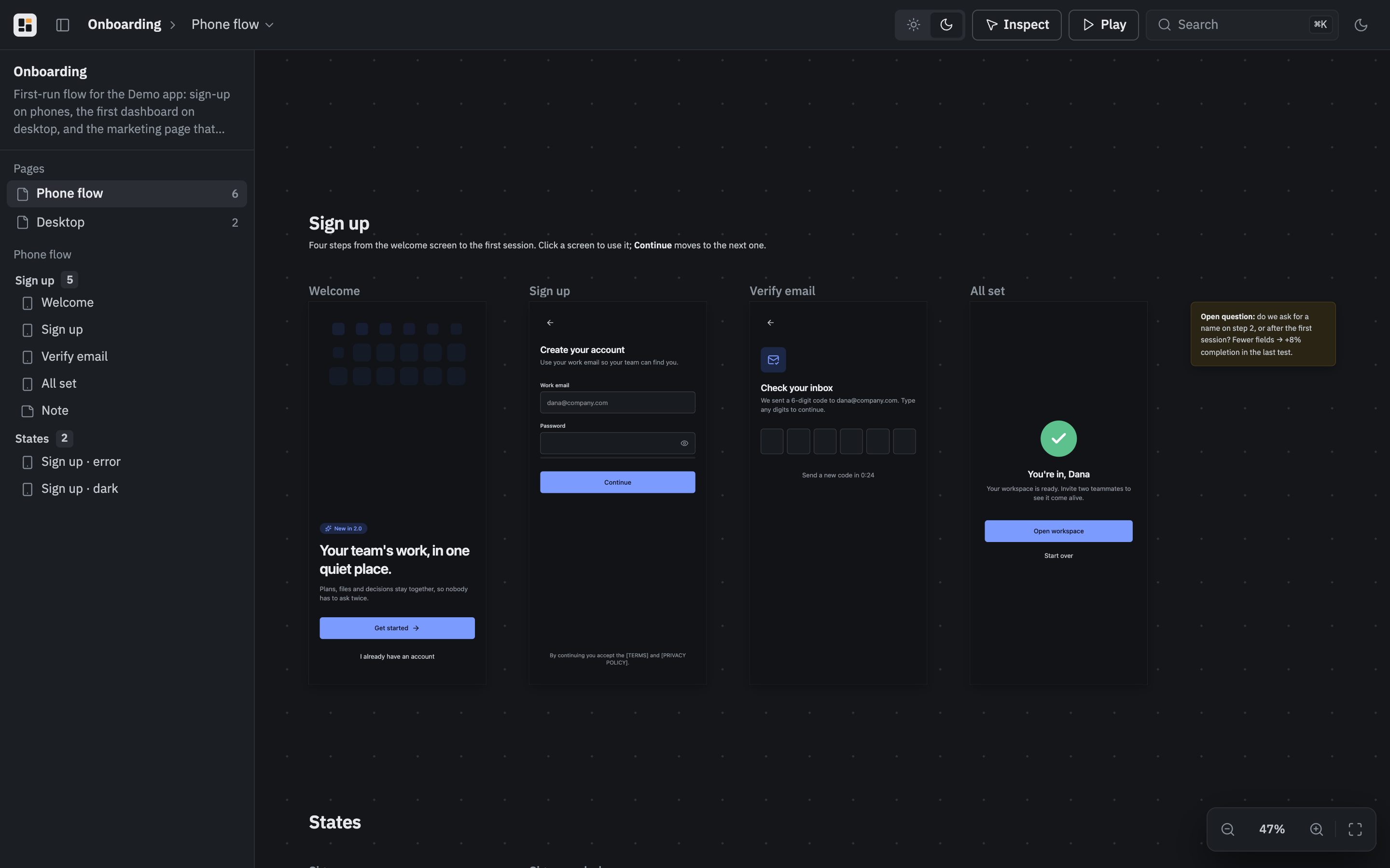 A canvas in the foss-design viewer: four live phone screens of an onboarding flow