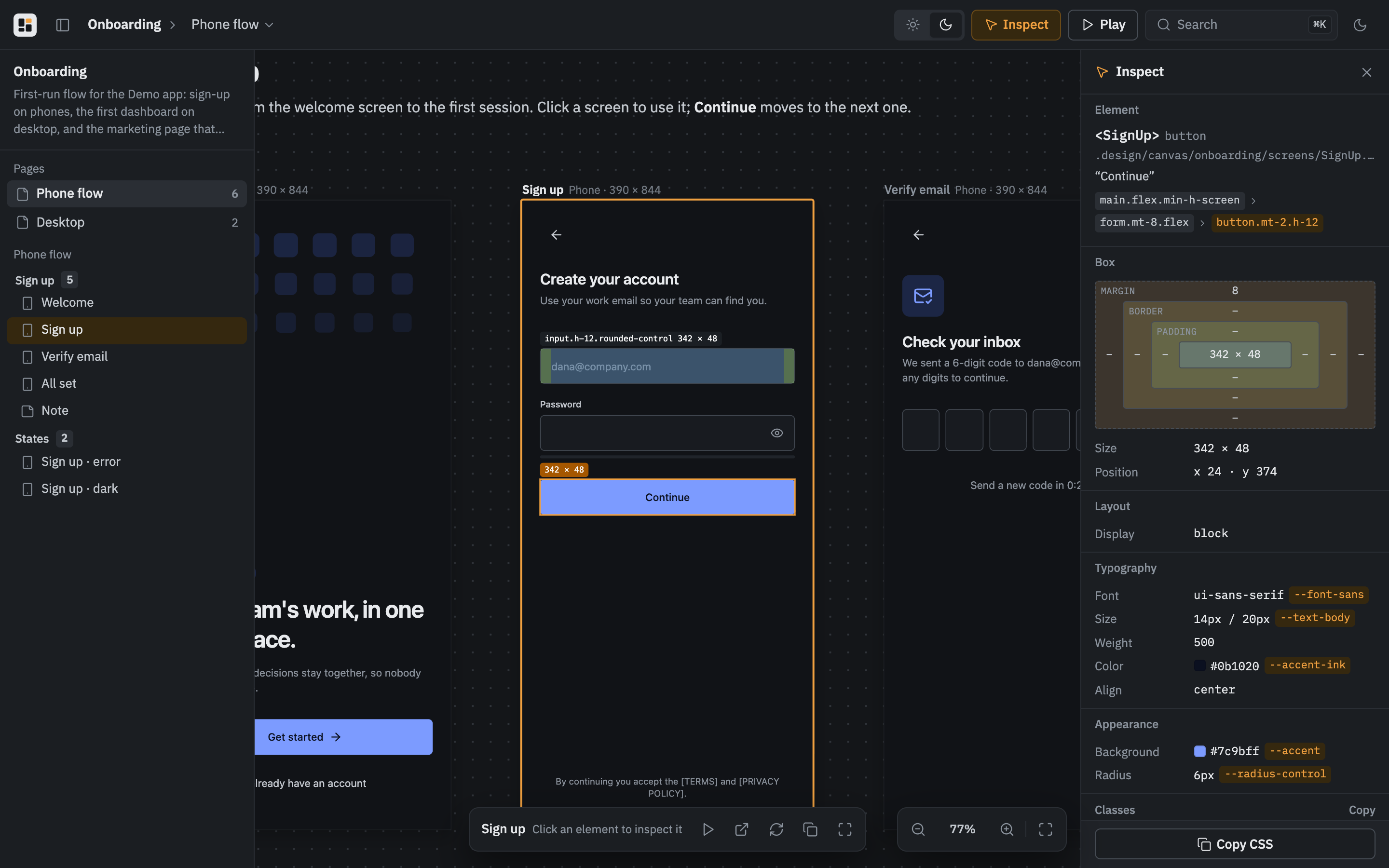 The inspector: a button selected on a live screen, with its box model and design tokens