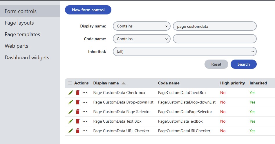 Page CustomData Form Controls