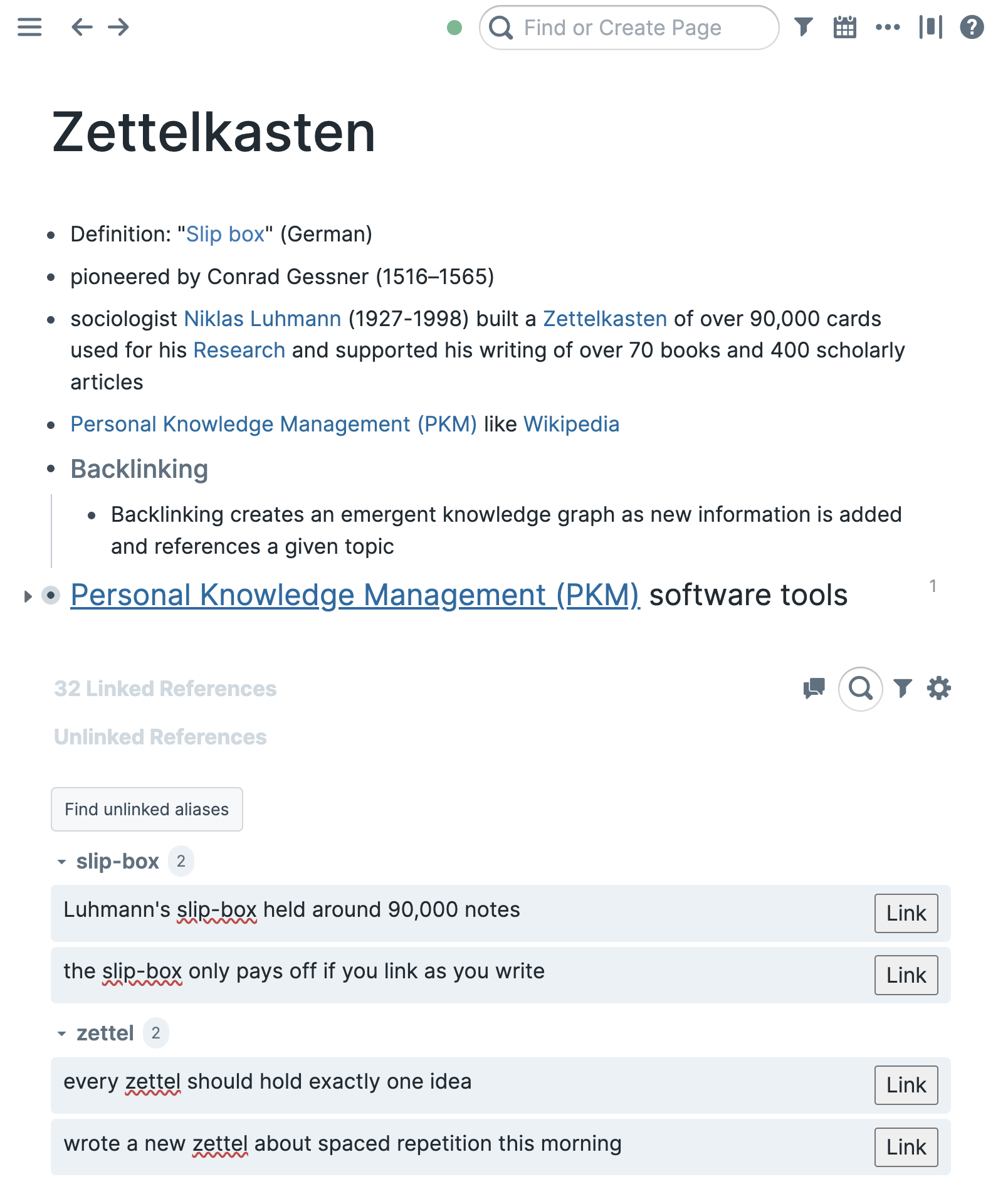 Alias Finder grouping unlinked alias mentions below a page's references, each with a one-click Link button