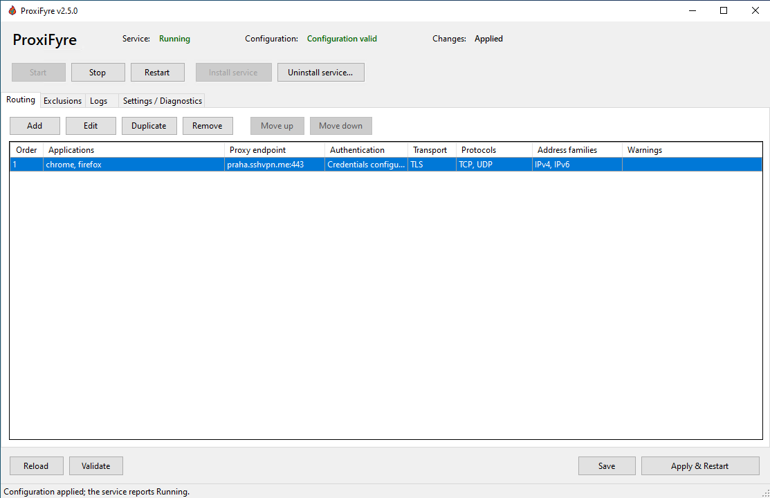 ProxiFyre routing rules and service status