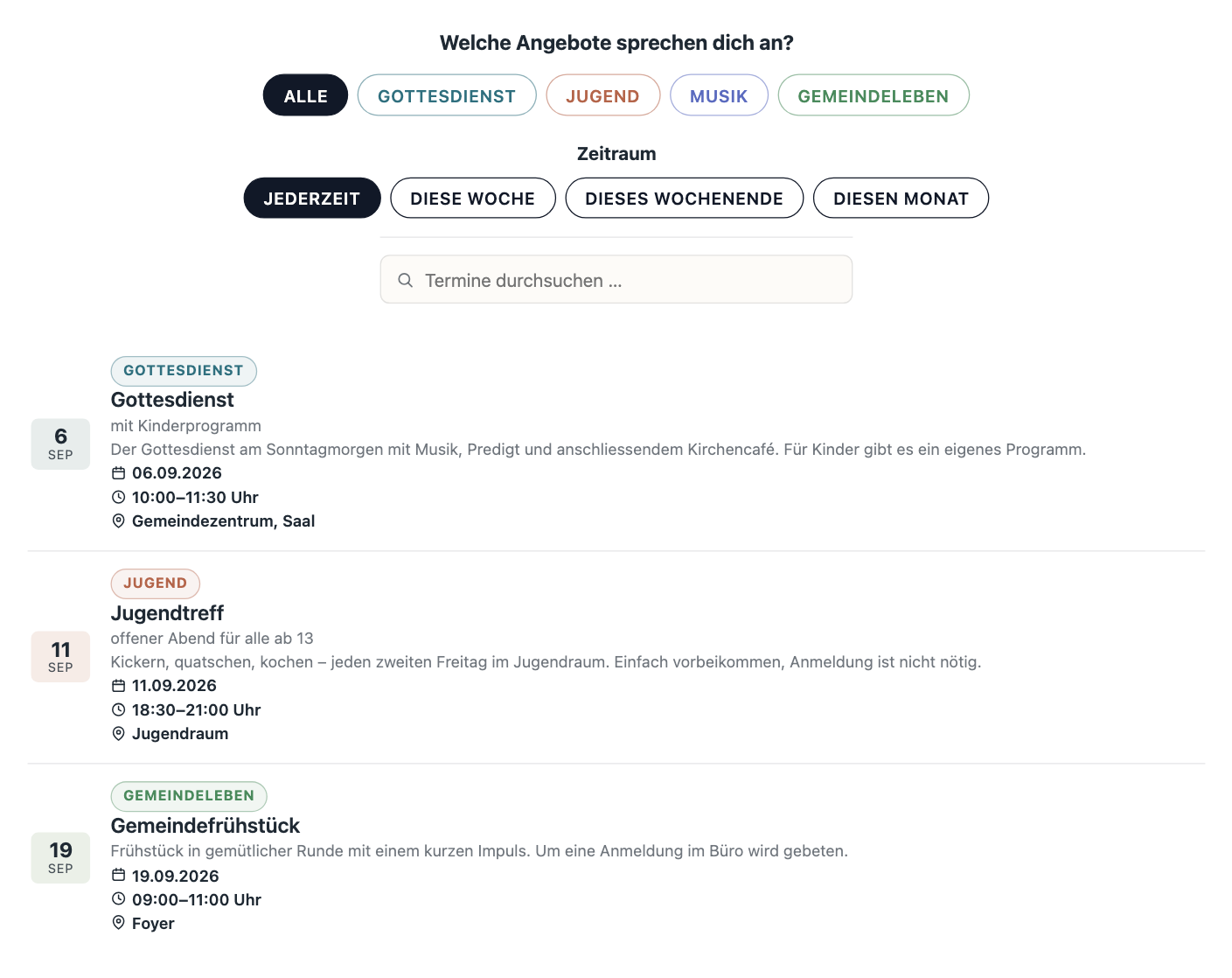Eventfinder mit Themen- und Zeitraum-Knöpfen über einer Terminliste