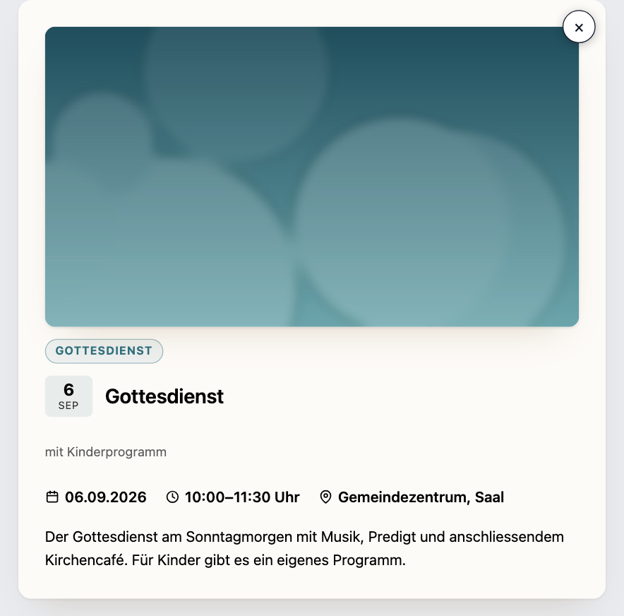 Popup mit Bild, Datums-Chip, Titel, Zeit, Ort und Beschreibung