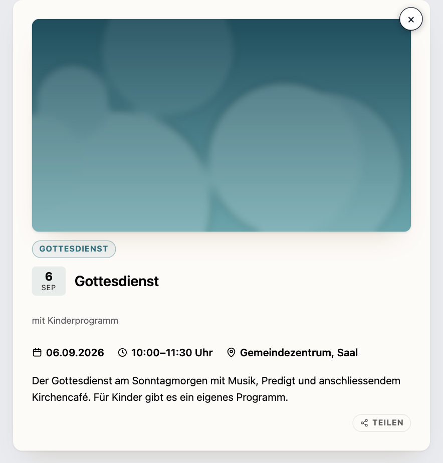Popup mit dem „Teilen"-Button unter der Beschreibung