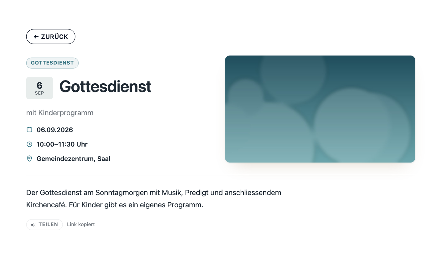 Eigene Terminseite mit „Teilen"-Button und der Meldung „Link kopiert"