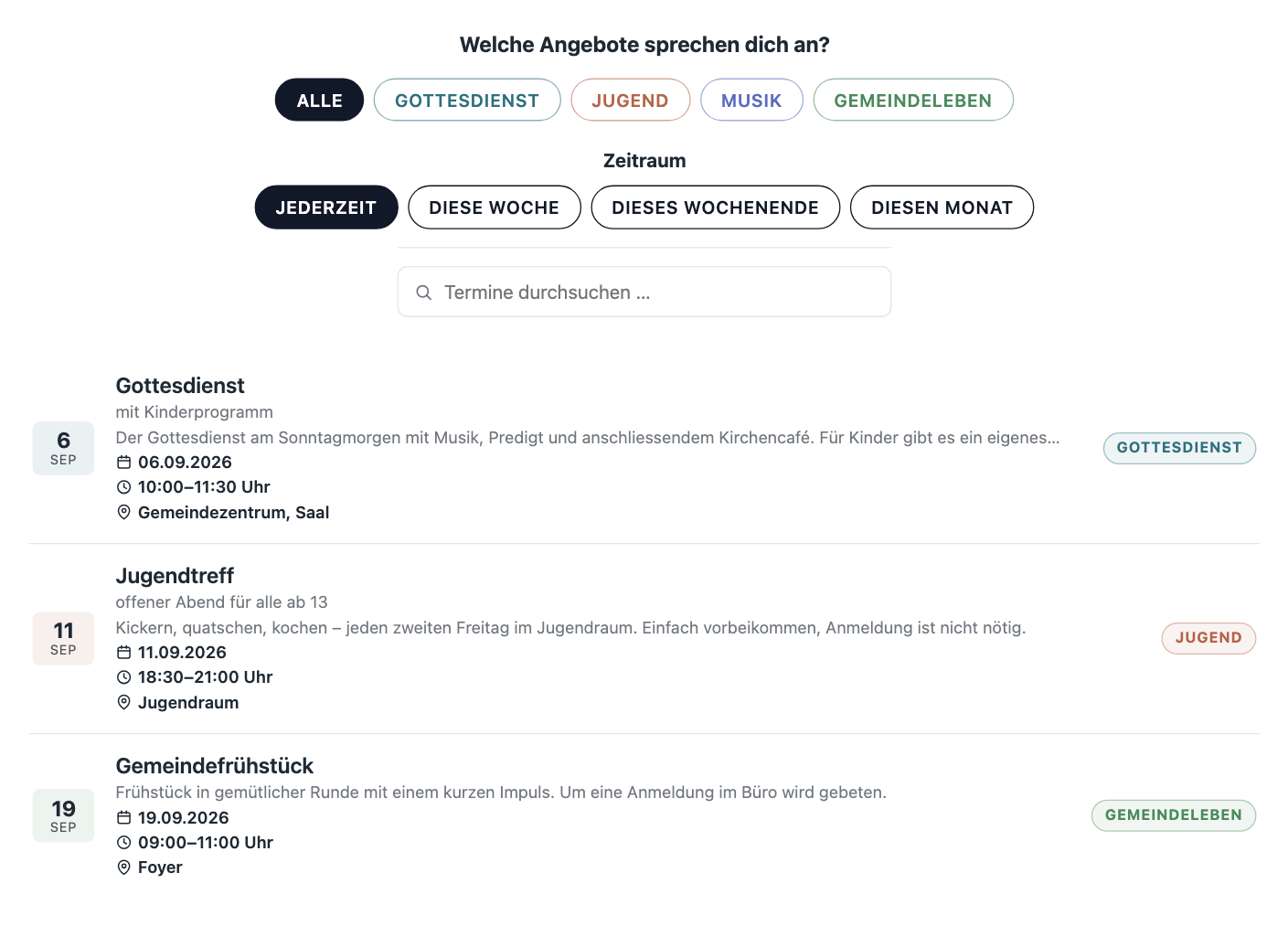 Eventfinder mit Themen- und Zeitraum-Knöpfen über einer Terminliste