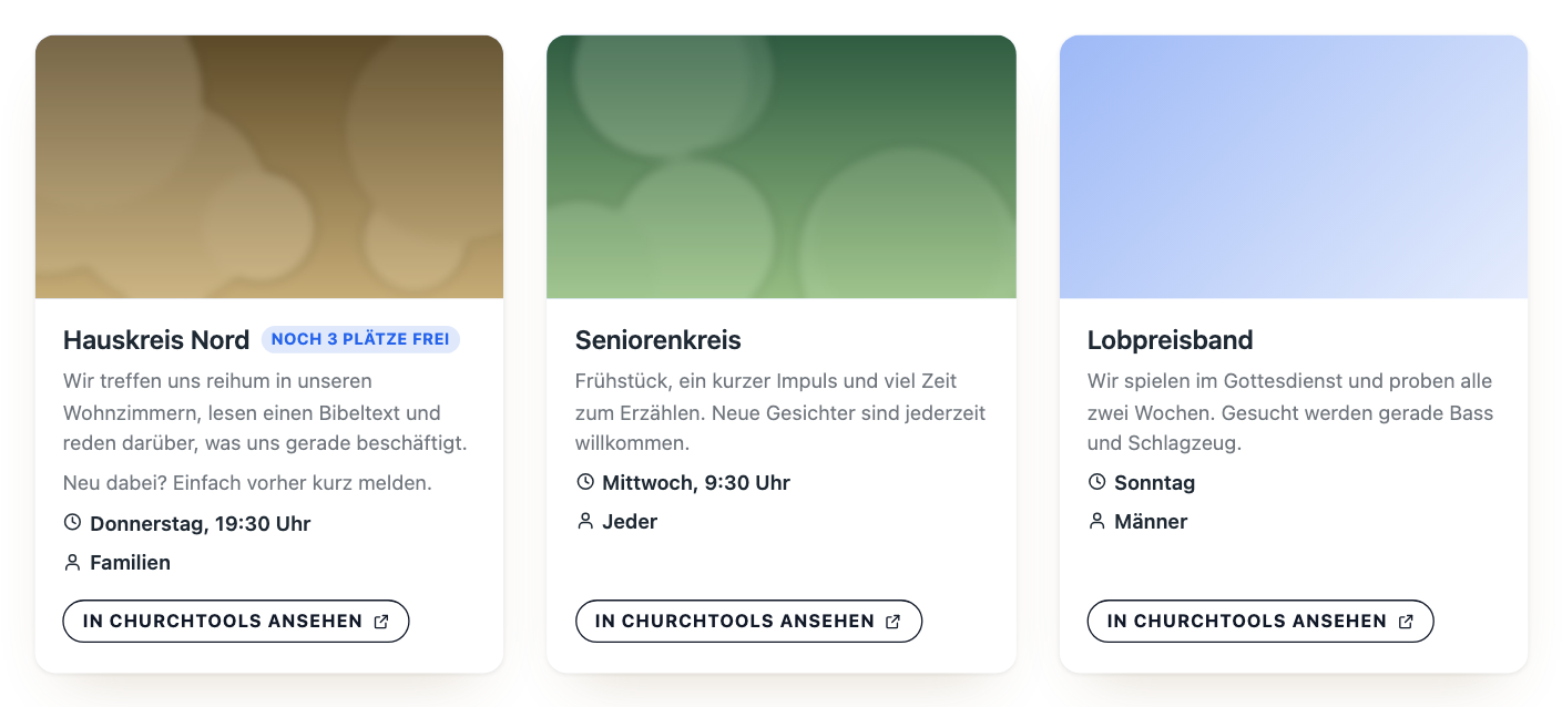 Drei Gruppenkacheln mit Treffzeit und freien Plätzen