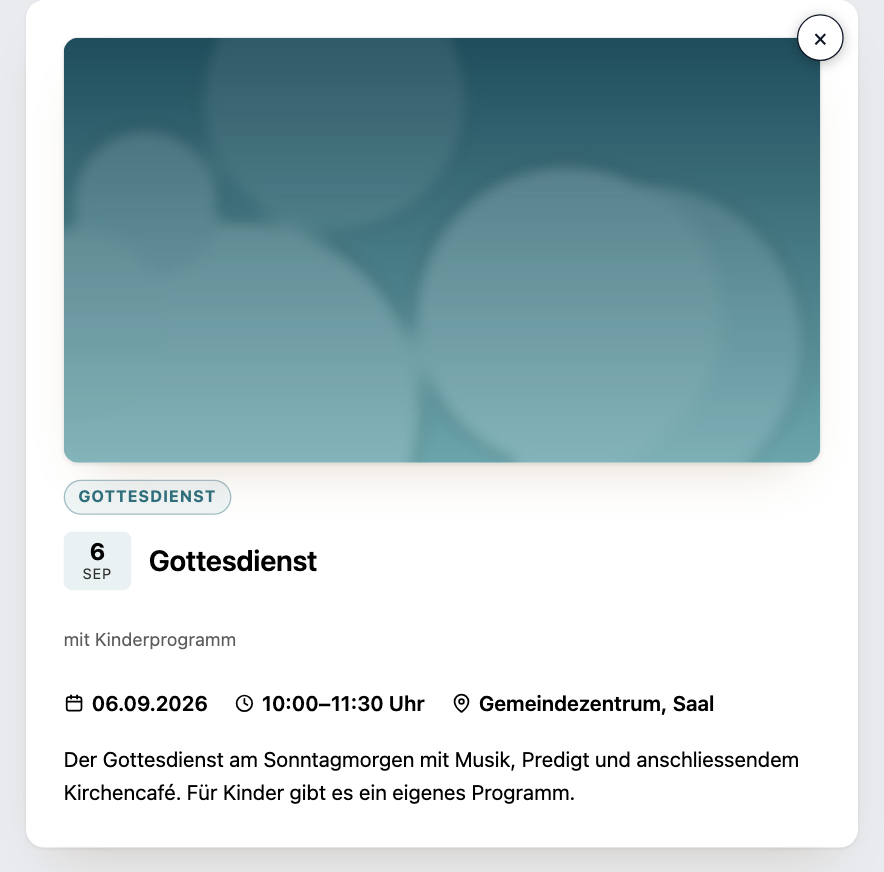 Popup mit Bild, Datum, Titel, Zeit, Ort und Beschreibung