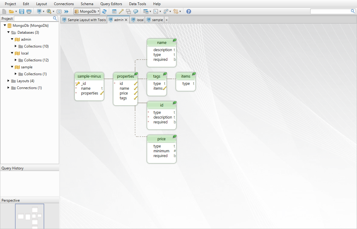 MongoDb Designer with Diagrams of the Database Structure