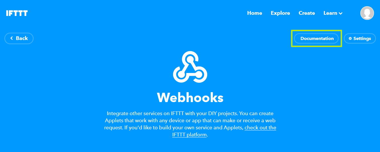 IFTTT Webhooks page screenshot