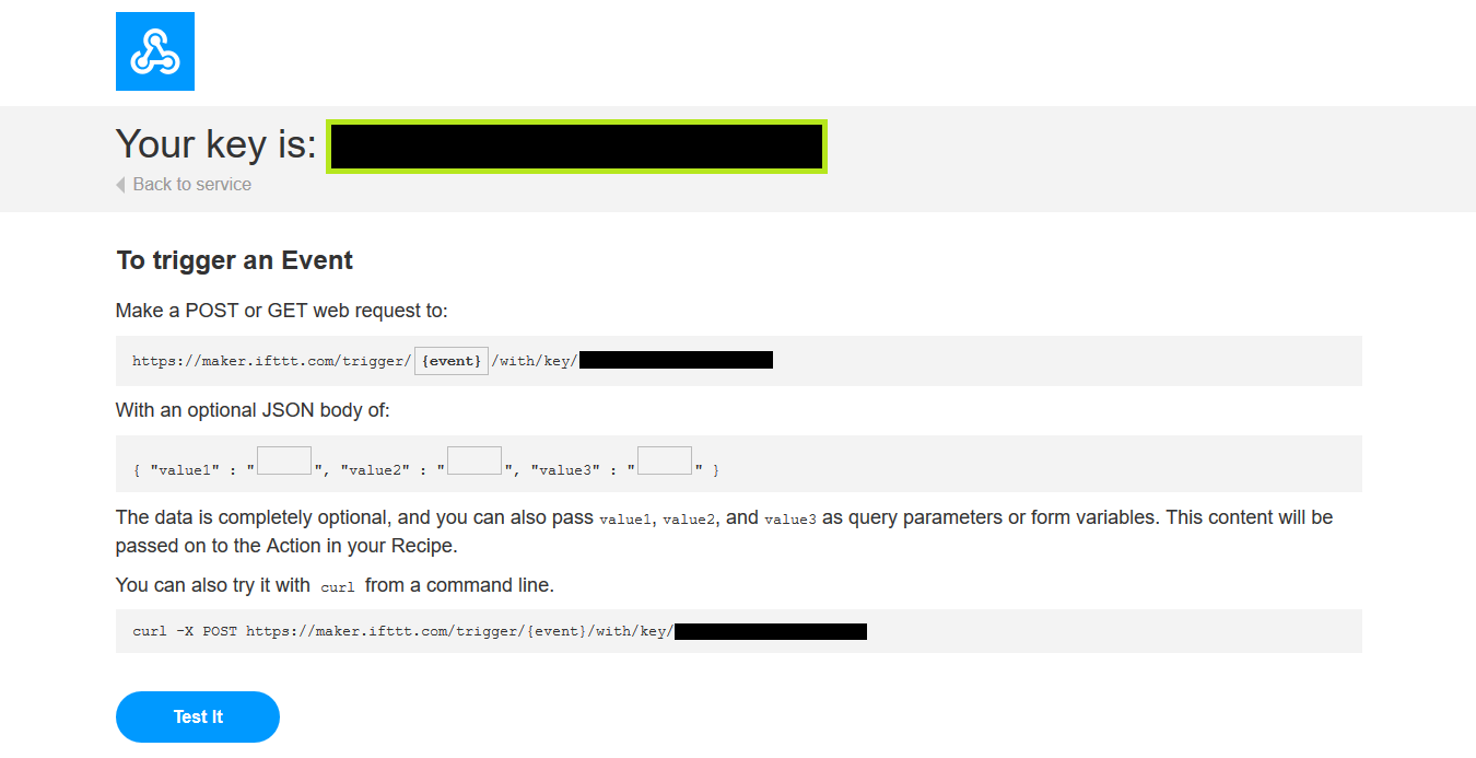IFTTT Webhooks key page screenshot