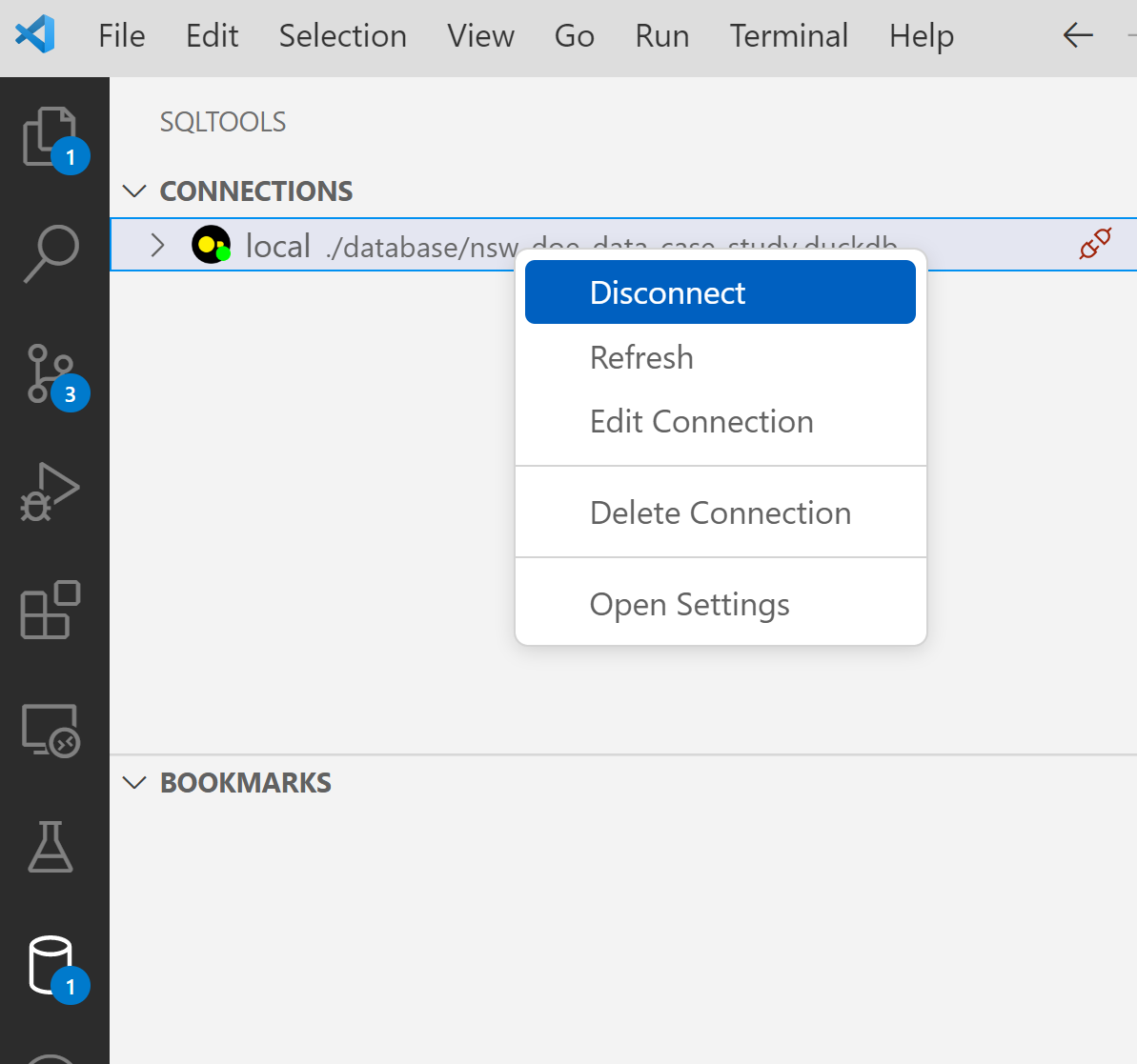 Disconnect from duckdb via sqltools