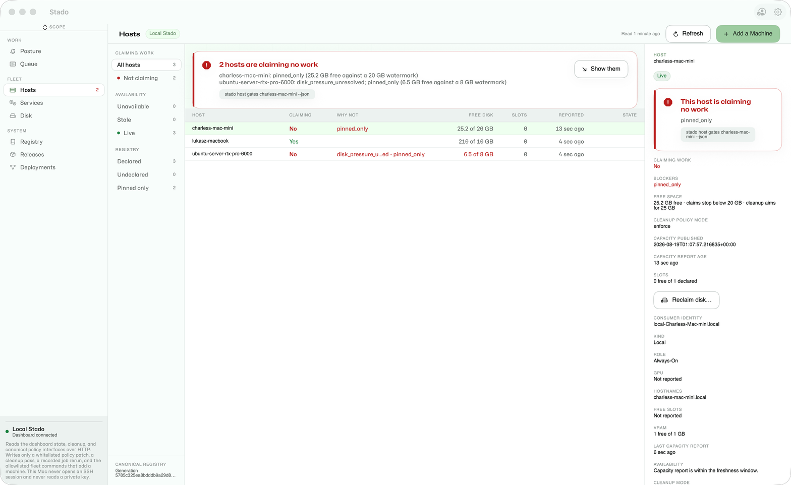 Stado Desktop Hosts screen: two hosts claiming no work, their blockers and disk policy, and the inspector for control-host