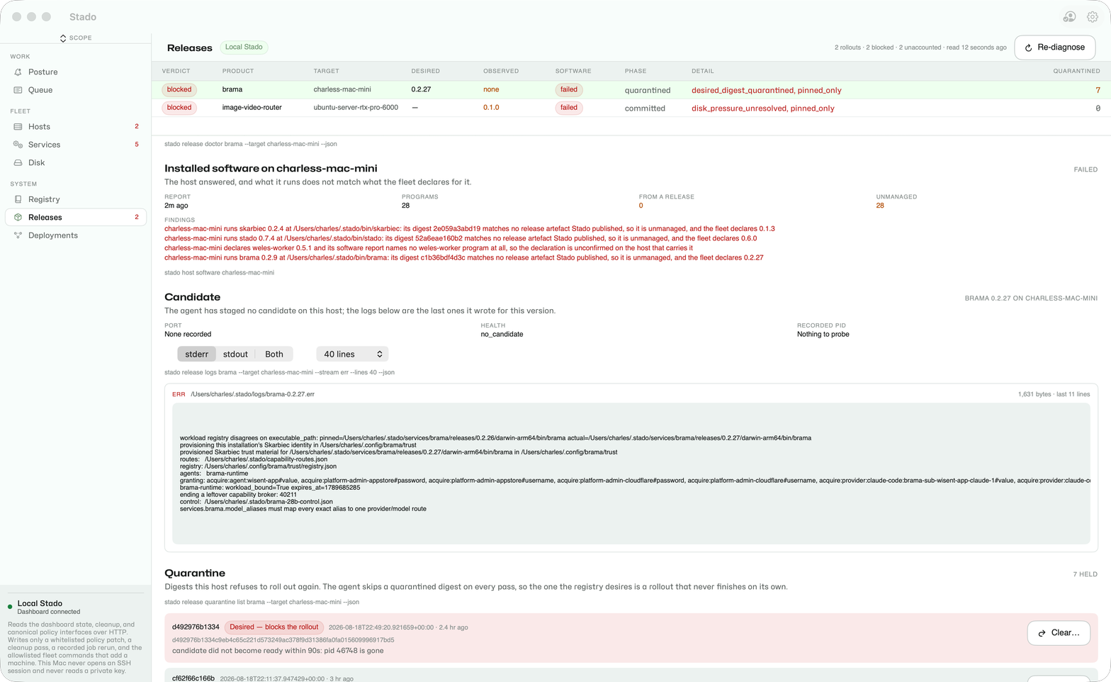 Stado Desktop Releases screen: brama on control-host blocked, its blockers, the candidate's stderr tail, and the quarantined digest the registry desires