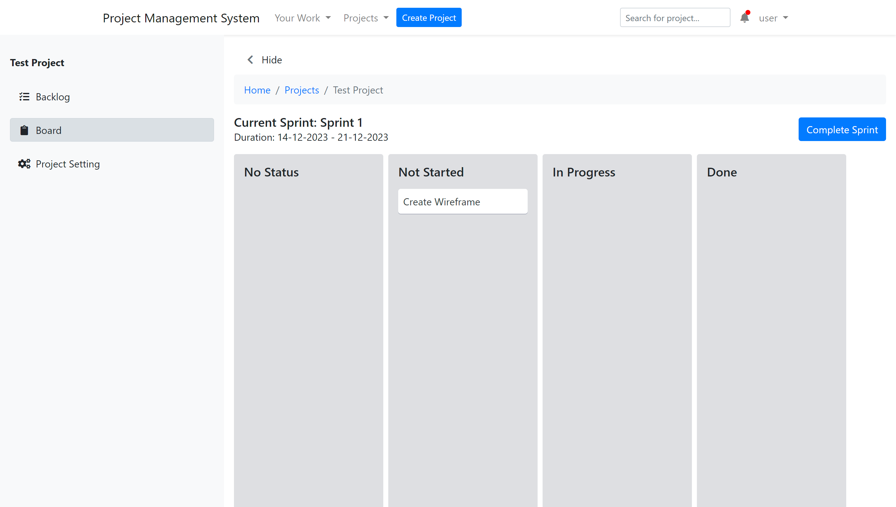 Project Detail - Board View Screen