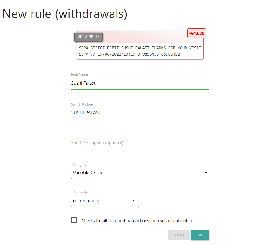 Screenshot of creating a rule during import