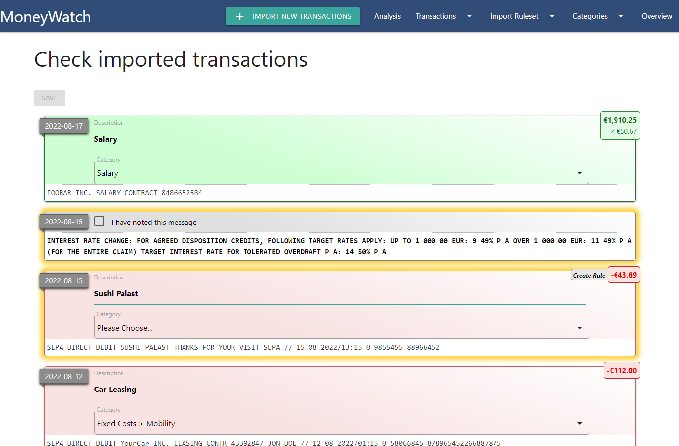 Screenshot of transaction import