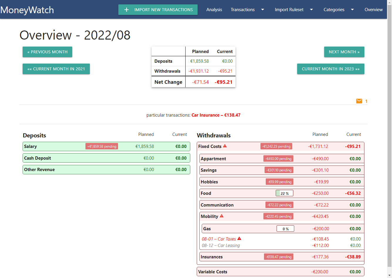 Screenshot of account overview