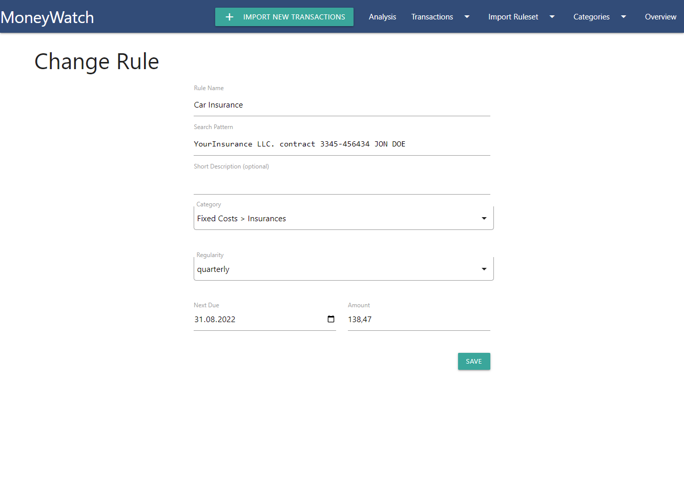 Screenshot of rule edit view