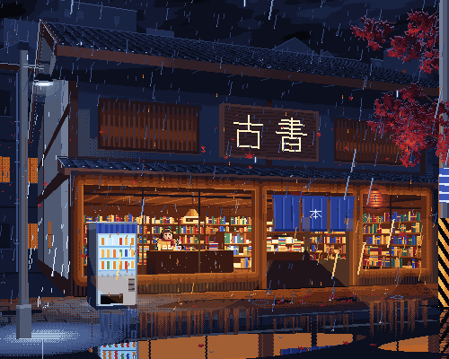 A rainy night in Japan, filmed by a slowly swaying camera through layers of rain: a raccoon pulls a can from a vending machine, lightning flashes over the rooftops, maple leaves blow past an old bookshop where a girl in a big knit sweater reads and sips cocoa in warm lamplight