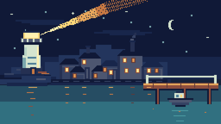 A pixel-art harbour at night: a lighthouse beam sweeps over the water, windows flicker, smoke drifts from a chimney