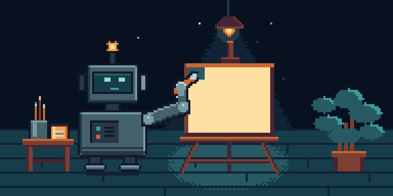 A pixel robot at an easel paints a landscape stroke by stroke under a pendant lamp